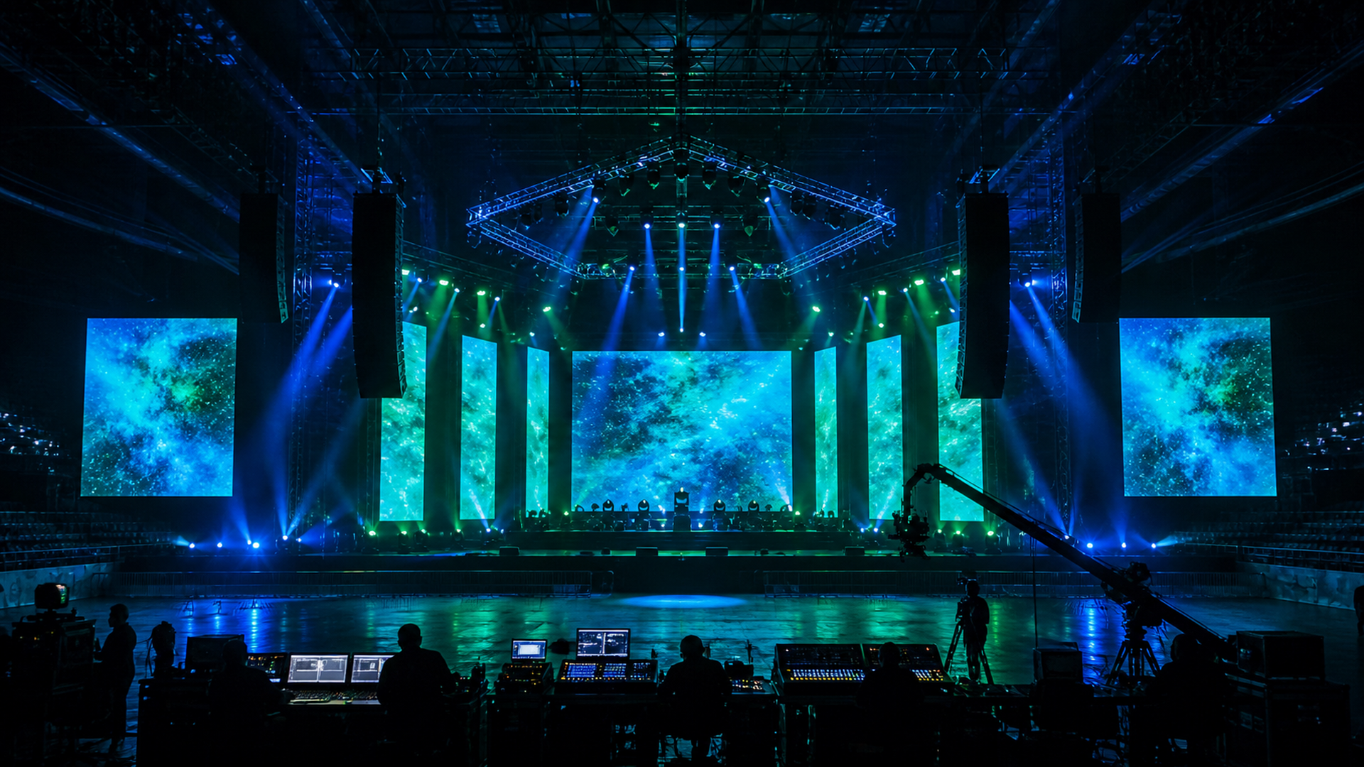 LED ekranlar, line array ses sistemleri ve gösteri ışığı içeren büyük ölçekli profesyonel sahne kurulumu