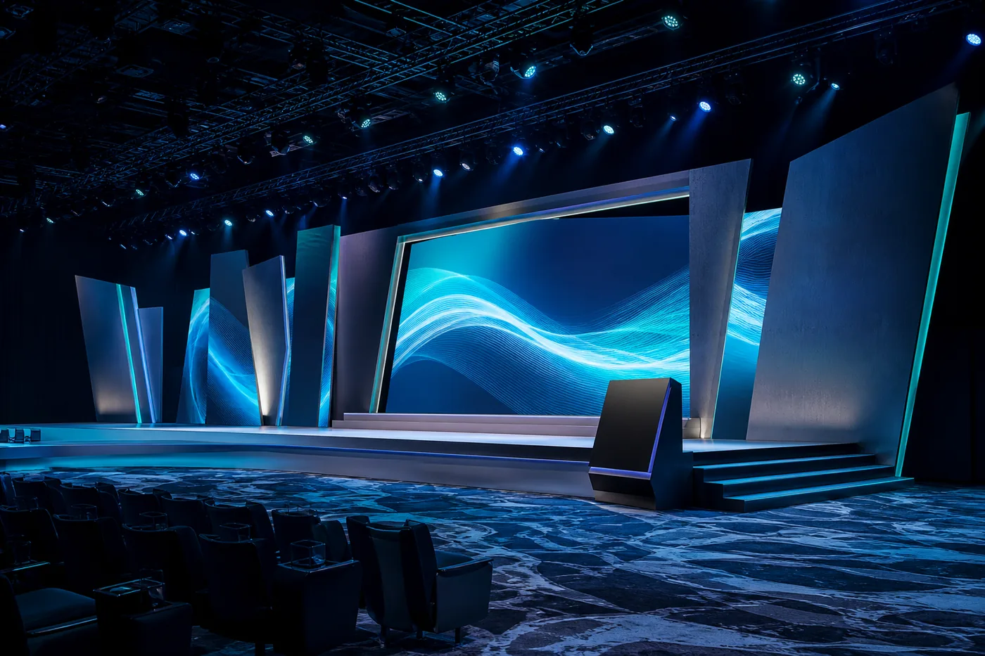 Scenic stage decor integrated with LED and lighting systems